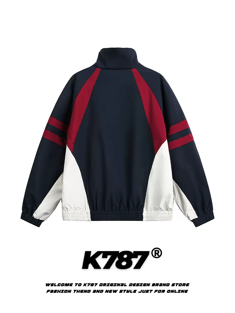 Áo khoác bomber unisex kiểu Mỹ cổ đứng phối màu phong cách retro, chất liệu vải ghép, dáng rộng, phong cách thường ngày, mùa thu