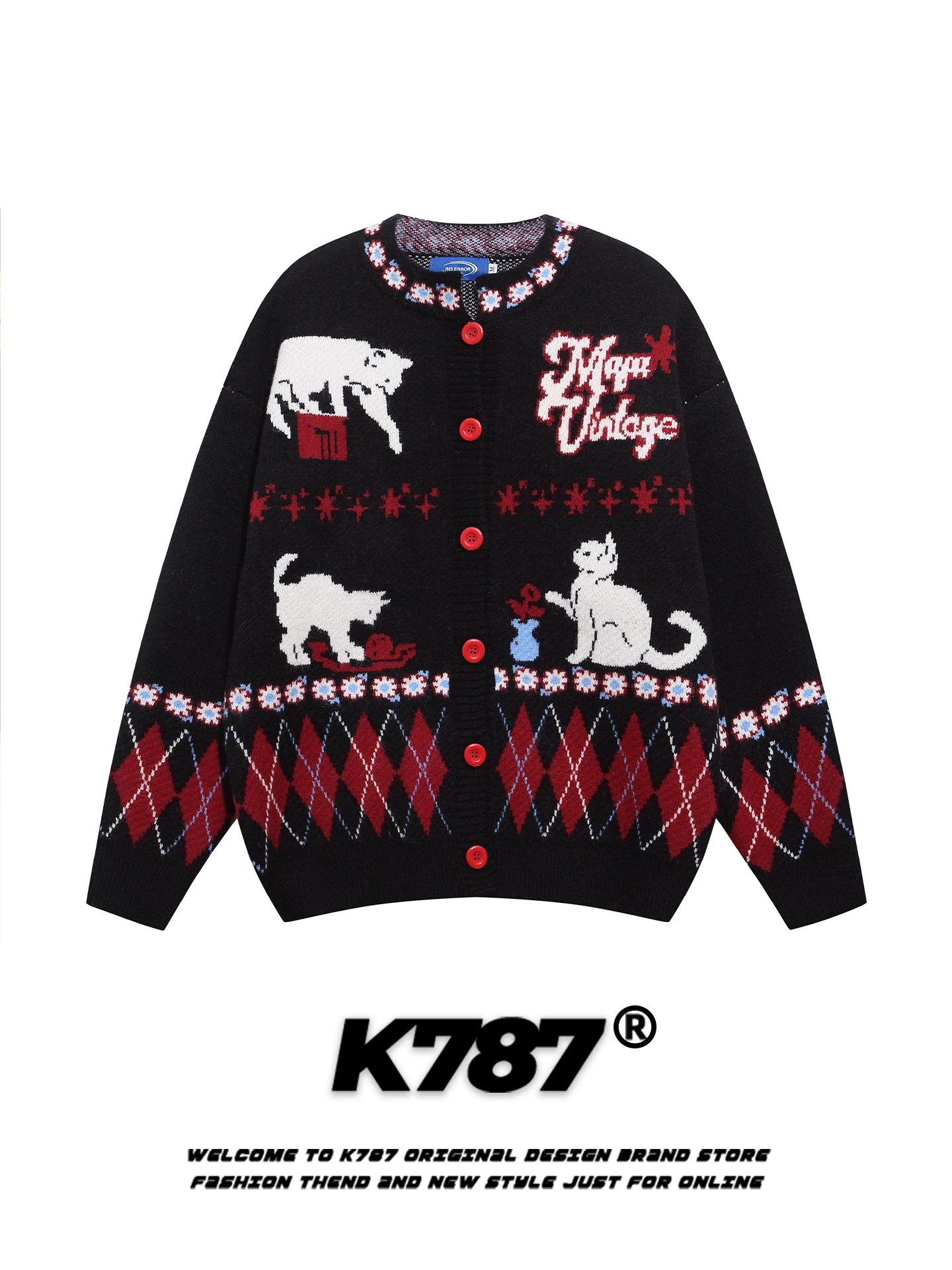 Áo len cardigan cổ tròn kiểu Mỹ cổ điển K787 dành cho nam và nữ, kiểu dáng rộng rãi, thoải mái, phong cách lười biếng, chất liệu len ấm áp