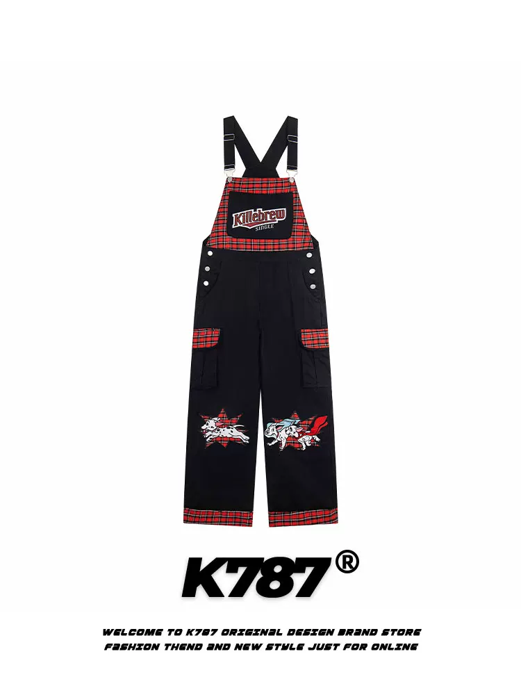 K787 Quần yếm denim thêu kẻ sọc cổ điển kiểu Mỹ dành cho nam và nữ, phong cách đường phố, dáng rộng, thoải mái, quần ống rộng thẳng