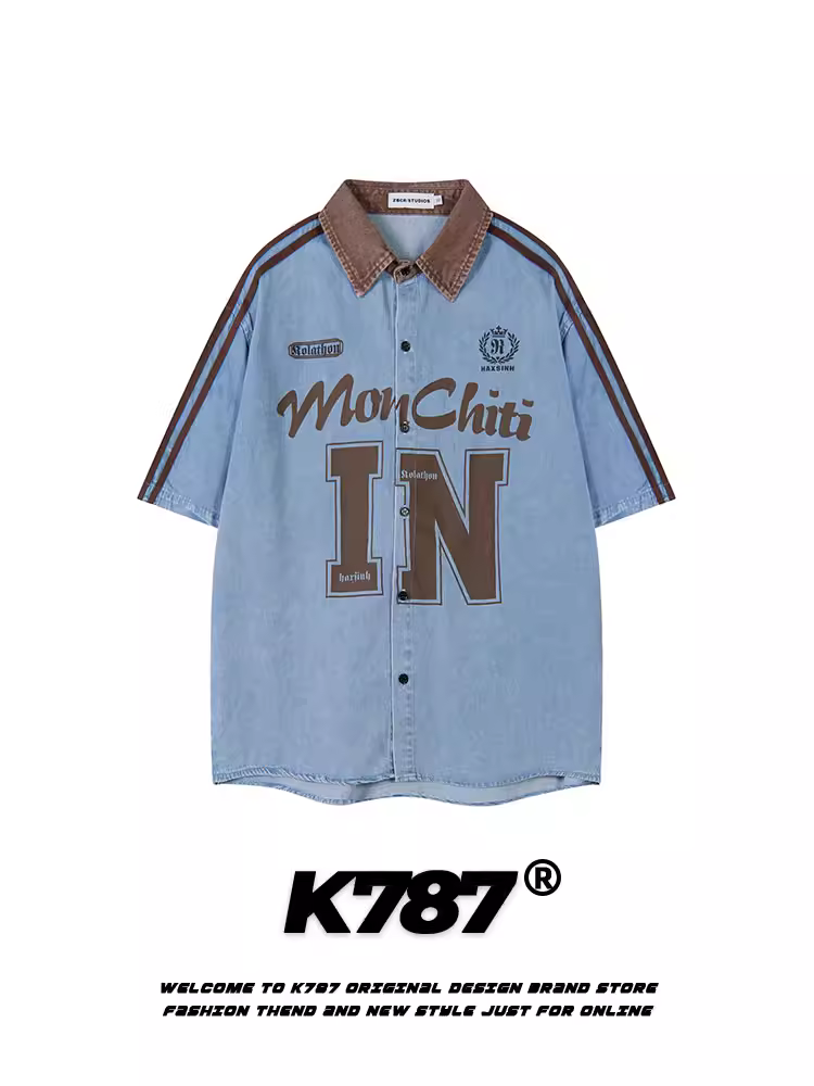 Áo sơ mi denim ngắn tay in chữ sọc kiểu Mỹ cổ điển K787 dành cho nam và nữ, đã qua xử lý làm mềm và tạo hiệu ứng cũ, kiểu dáng cardigan rộng, tay lửng.