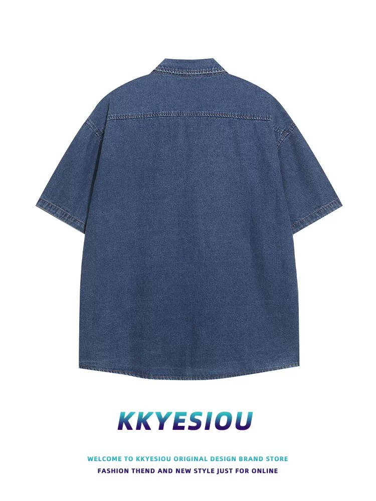 Áo sơ mi ngắn tay thêu hình mèo phong cách thời trang Trung Quốc KKyesiou, unisex, cổ điển, cặp đôi, phong cách y2k, chất liệu denim