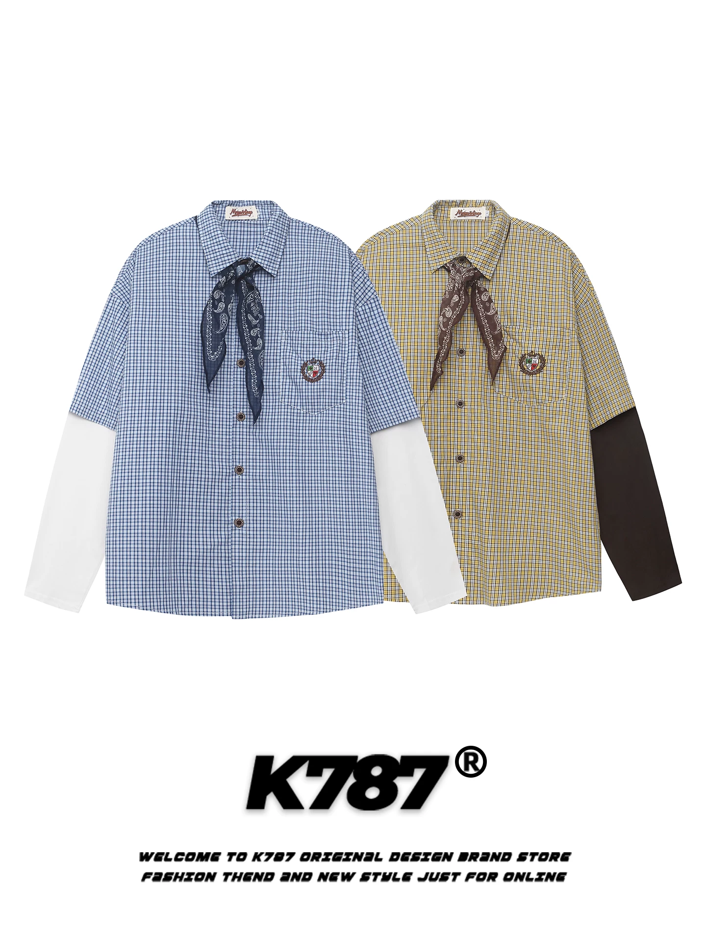 K787 Áo sơ mi dài tay giả hai mảnh kiểu Mỹ cổ điển dành cho nam và nữ, áo kiểu cặp đôi dáng rộng phong cách đại học