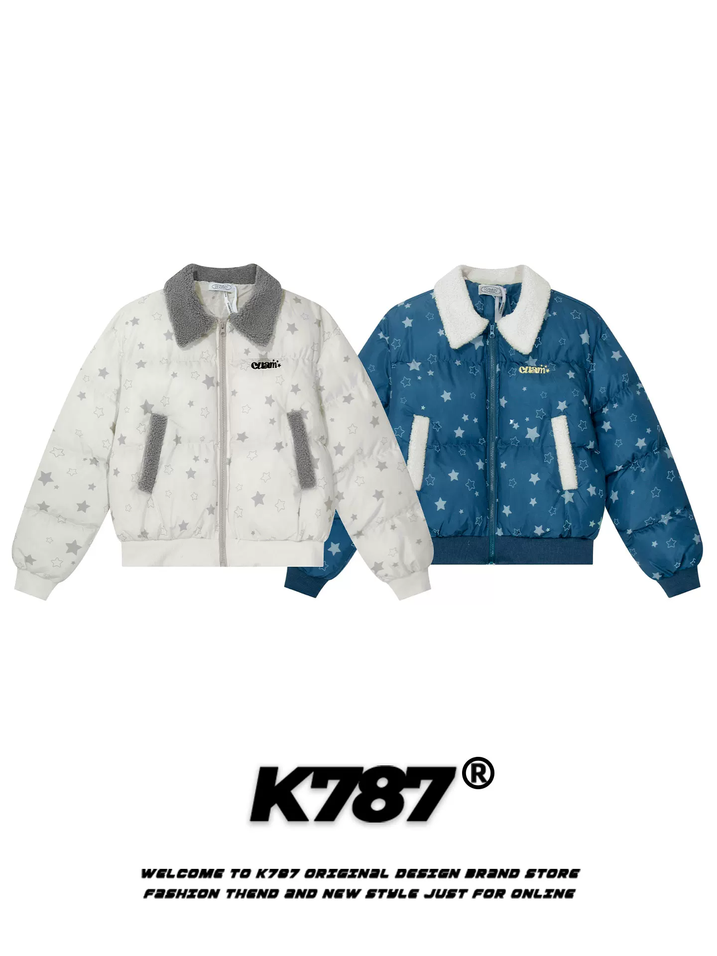 Áo khoác cotton cổ lông in hình sao đầy đủ phong cách retro Mỹ K787 dành cho nữ, phong cách ngọt ngào và cá tính, áo phao dày dặn ấm áp cho mùa đông.