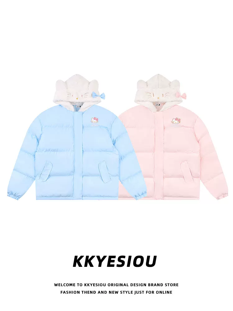 Áo khoác cotton kiểu retro đại học Mỹ KKyesiou dành cho nam và nữ, áo khoác bánh mì Hello Kitty dopamine, áo khoác đôi
