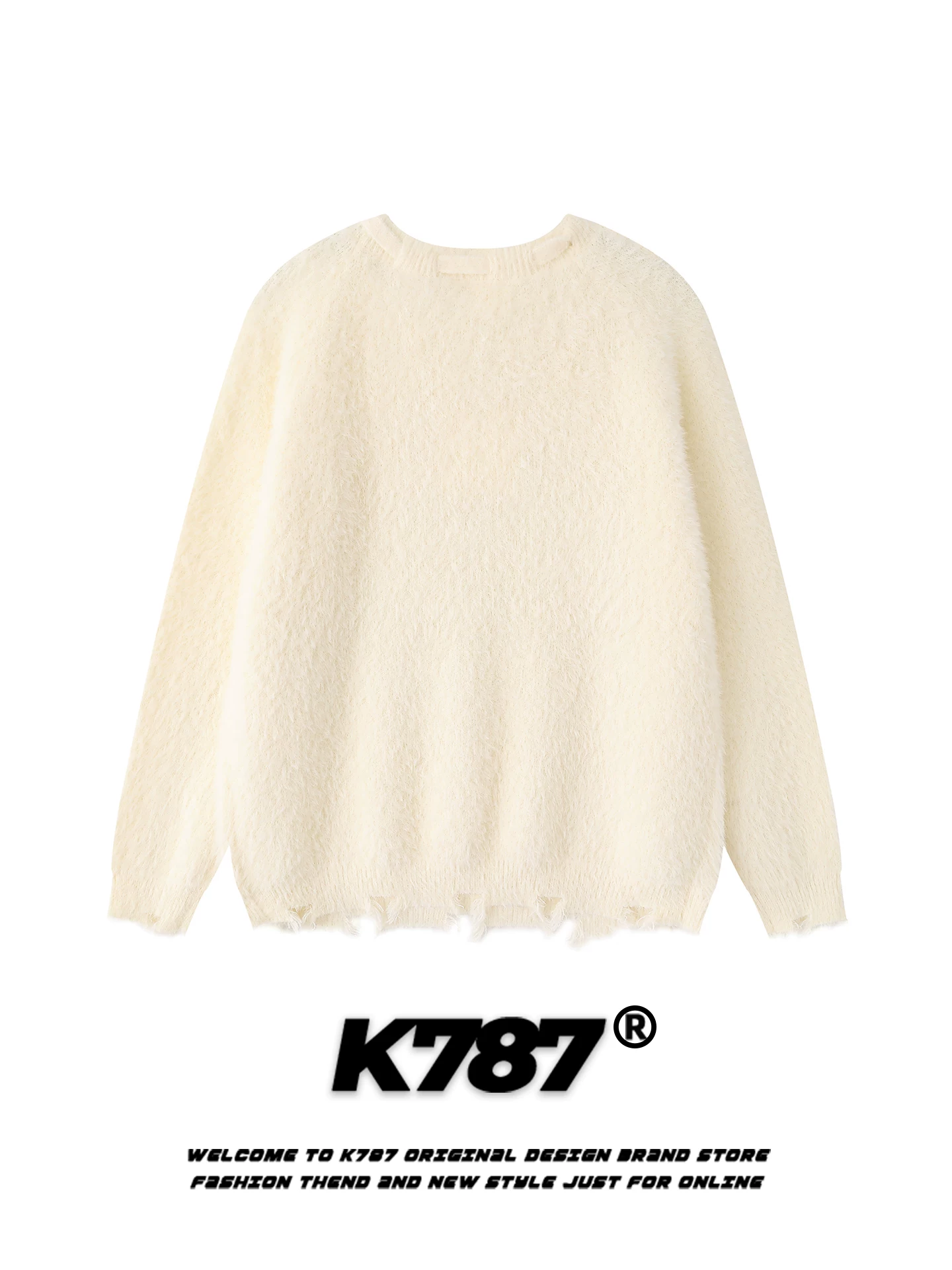 Áo len cổ tròn kiểu Nhật K787 họa tiết hoạt hình dệt jacquard, phong cách preppy, viền tua rua, chất liệu dệt kim, dành cho nữ.
