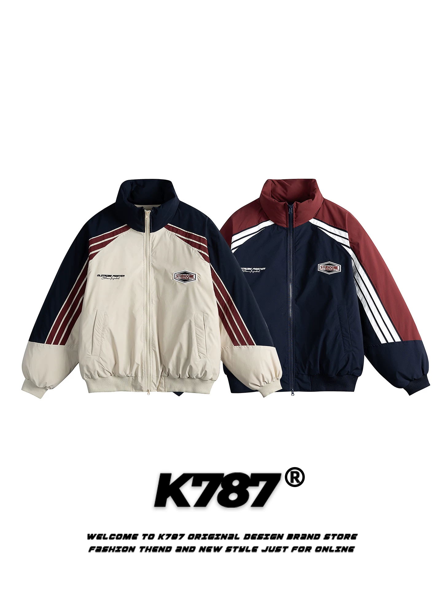 Áo khoác cotton cổ đứng phối màu retro kiểu Mỹ K787 dành cho nam và nữ, áo khoác cotton ấm áp mùa đông phong cách đường phố hợp thời trang dành cho cặp đôi.