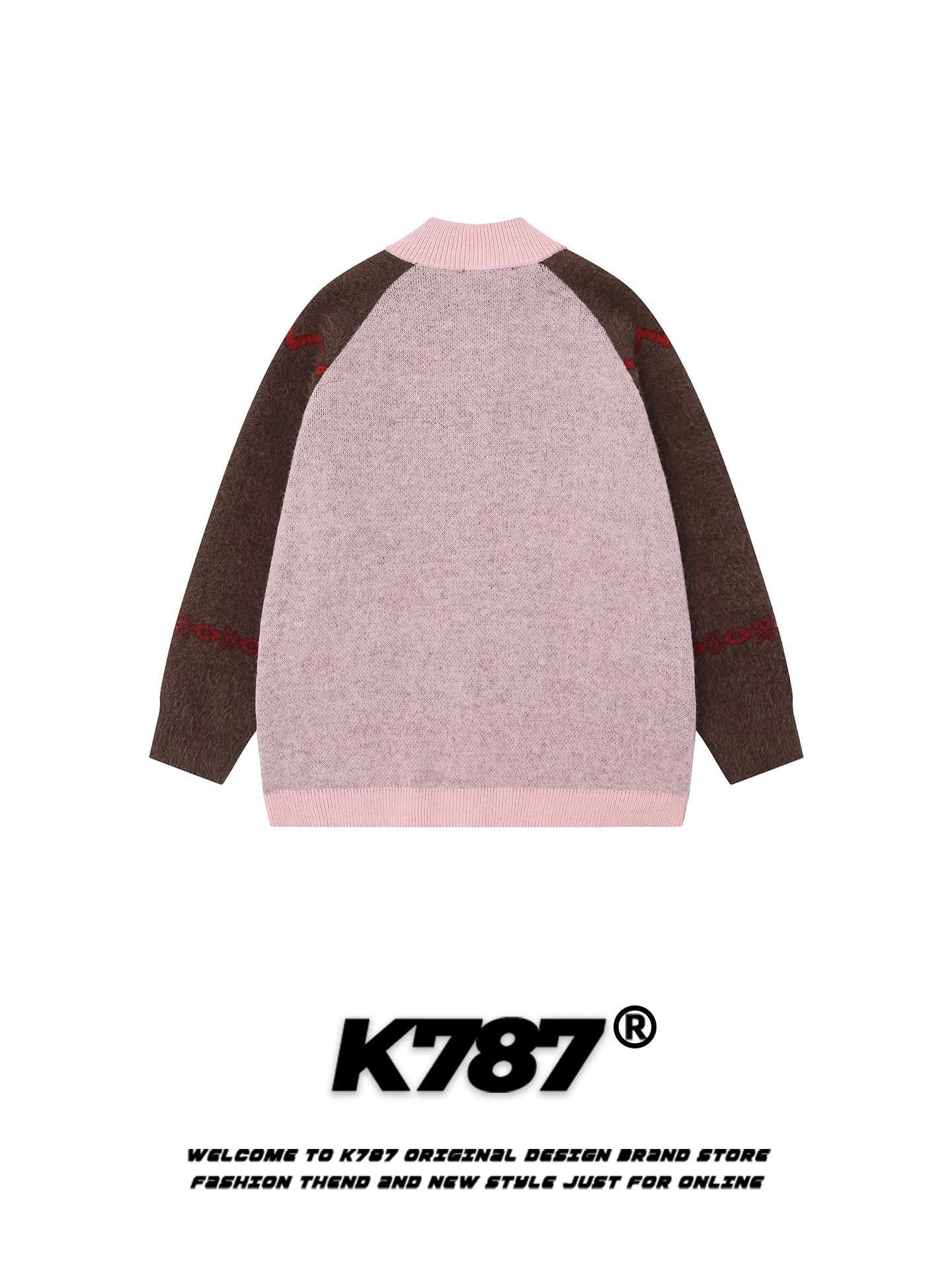 Áo len cardigan dệt jacquard kiểu Mỹ cổ điển K787 dành cho nam và nữ, kiểu dáng rộng rãi, thoải mái, màu hồng thời trang.