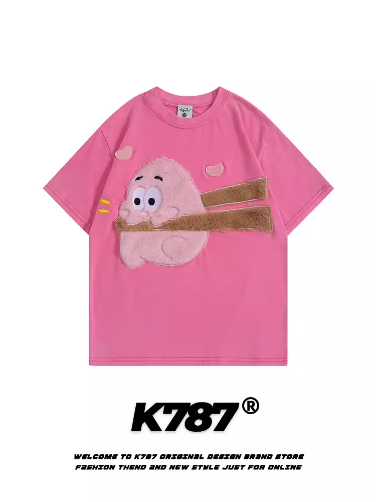 Áo thun ngắn tay thêu ba chiều phong cách retro Mỹ K787 dành cho nam và nữ, áo thun mùa hè dành cho cặp đôi dễ thương và đa năng.