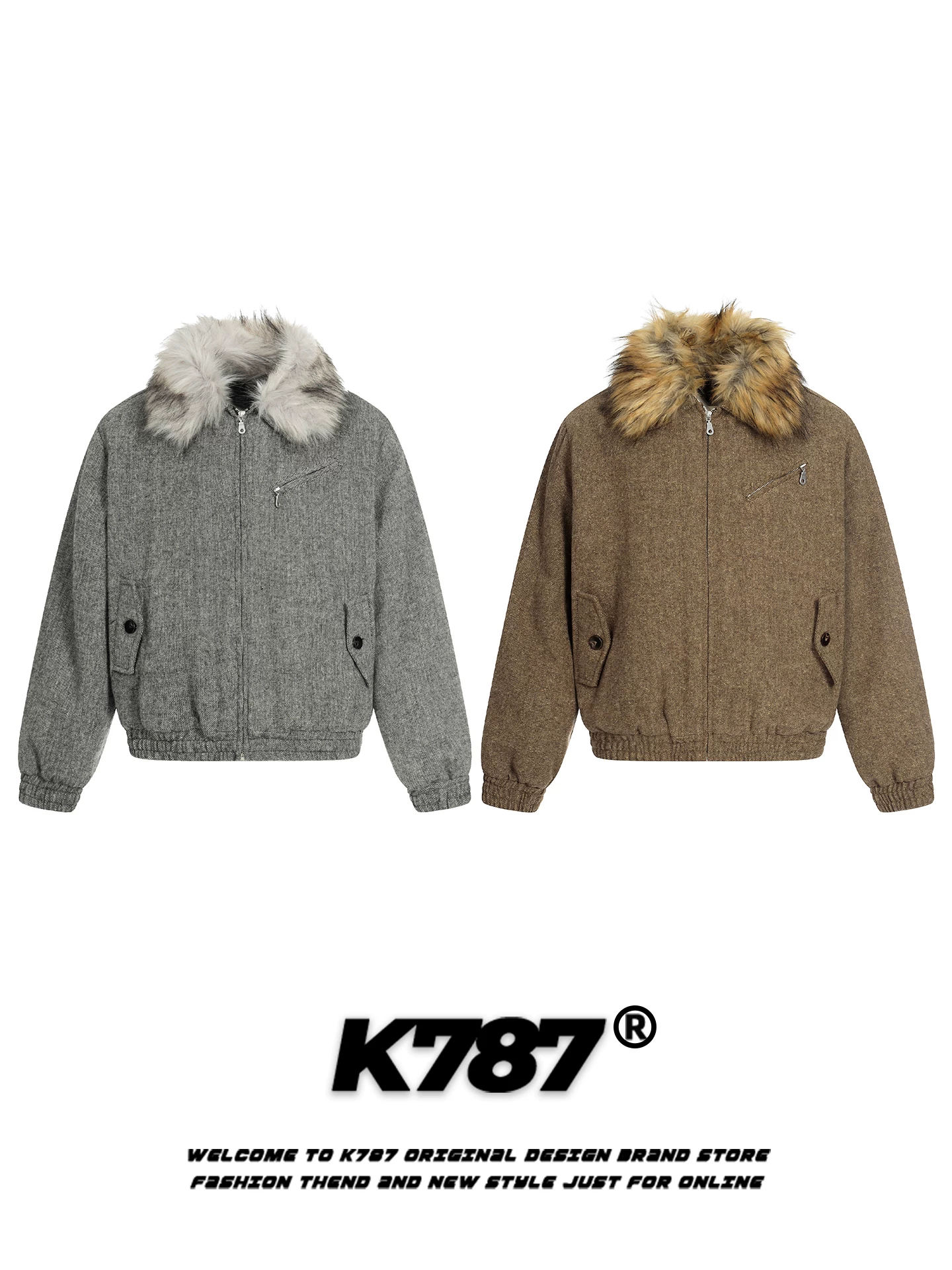 Áo khoác cotton cổ lông cổ điển kiểu Mỹ K787 dành cho nam và nữ, áo khoác có khóa kéo ấm áp mùa thu đông dành cho cặp đôi