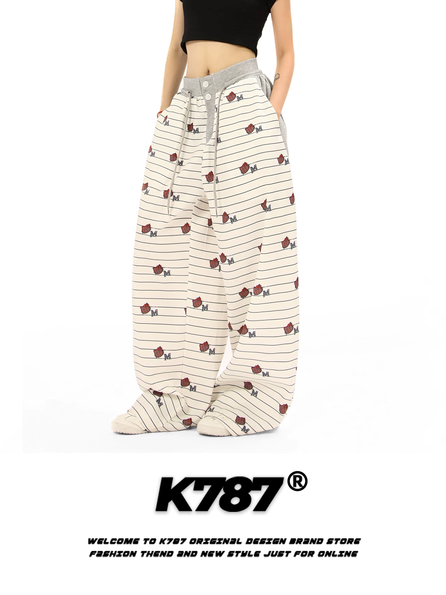 Quần nữ K787 kiểu Mỹ, chất liệu cotton, họa tiết sọc, dáng rộng, cạp chun, cạp cao, ống rộng, dài chấm đất.