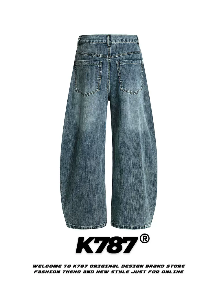 Quần jeans thêu họa tiết hoạt hình retro Mỹ K787, unisex, phong cách đường phố, cạp cao, giặt mài, kiểu dáng xuông, thoải mái