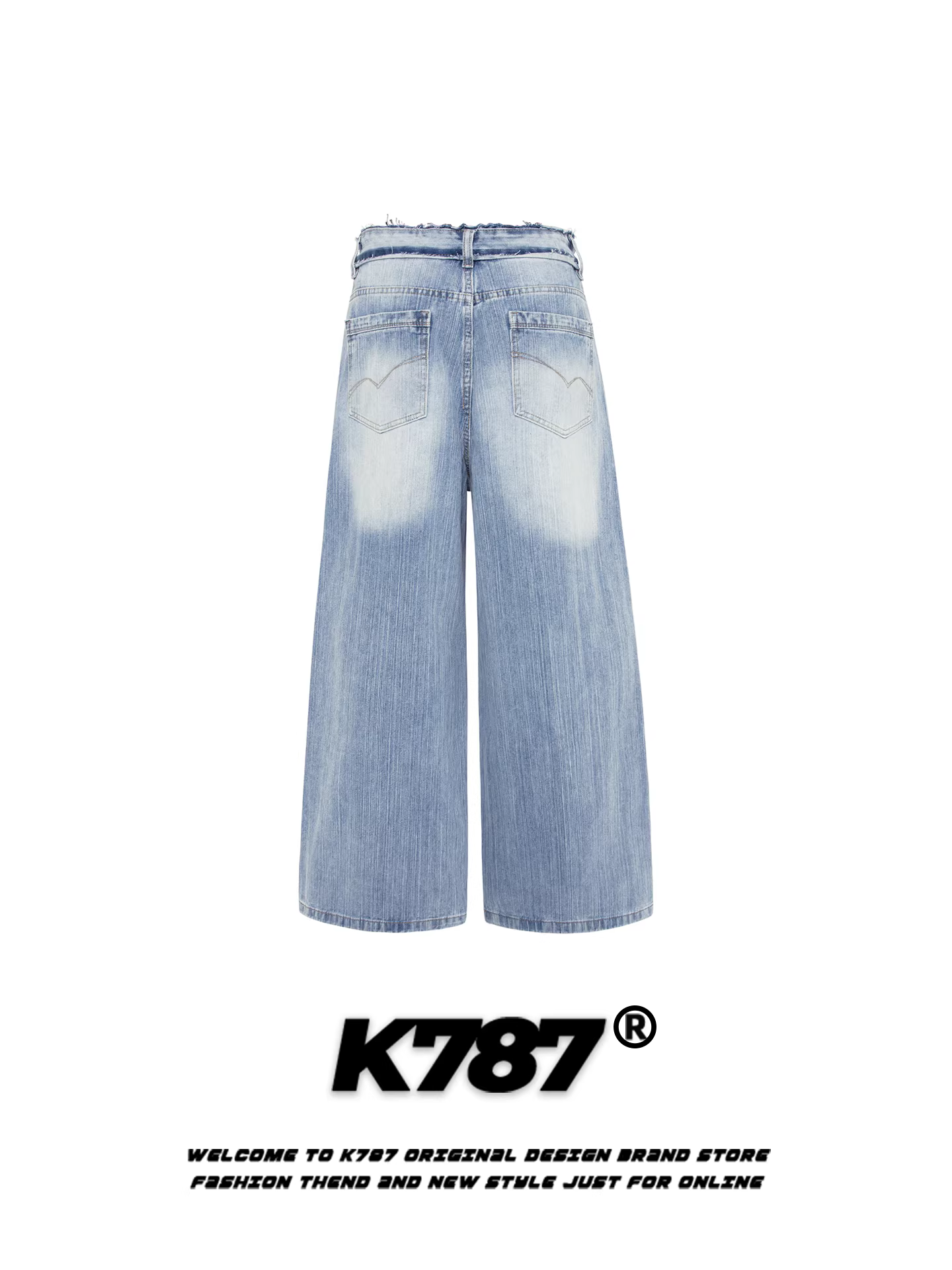 Quần jeans unisex dáng rộng, cạp xéo, phong cách retro Mỹ, chất liệu washed, viền xù, kiểu dáng thời trang, thoải mái.