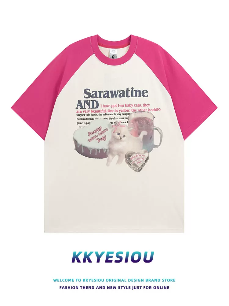 Áo thun ngắn tay màu đỏ hồng kiểu raglan cổ điển của Mỹ KKyesiou dành cho nam và nữ áo đôi cotton nguyên chất cỡ lớn