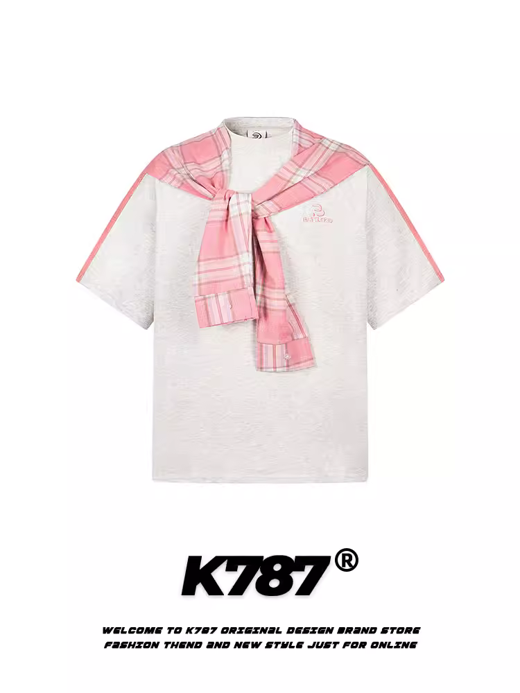 K787 Áo thun ngắn tay họa tiết kẻ sọc cổ điển kiểu Mỹ dành cho nam và nữ, phong cách giản dị, áo nửa tay dành cho cặp đôi trong khuôn viên trường đại học mùa hè