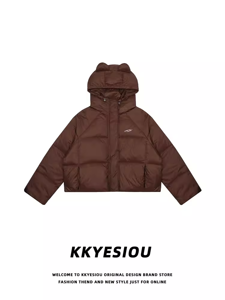 Áo khoác ngắn có tai gấu kiểu Mỹ cổ điển KKyesiou dành cho nữ, áo khoác lông vịt trắng dày dặn phong cách BM dễ thương