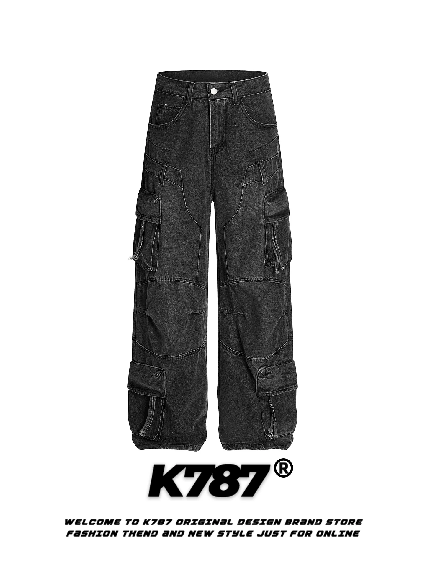 Quần jeans unisex K787 kiểu Mỹ cổ điển, xước, rách, nhiều túi, dáng thẳng, ống rộng, cạp cao, phong cách đường phố