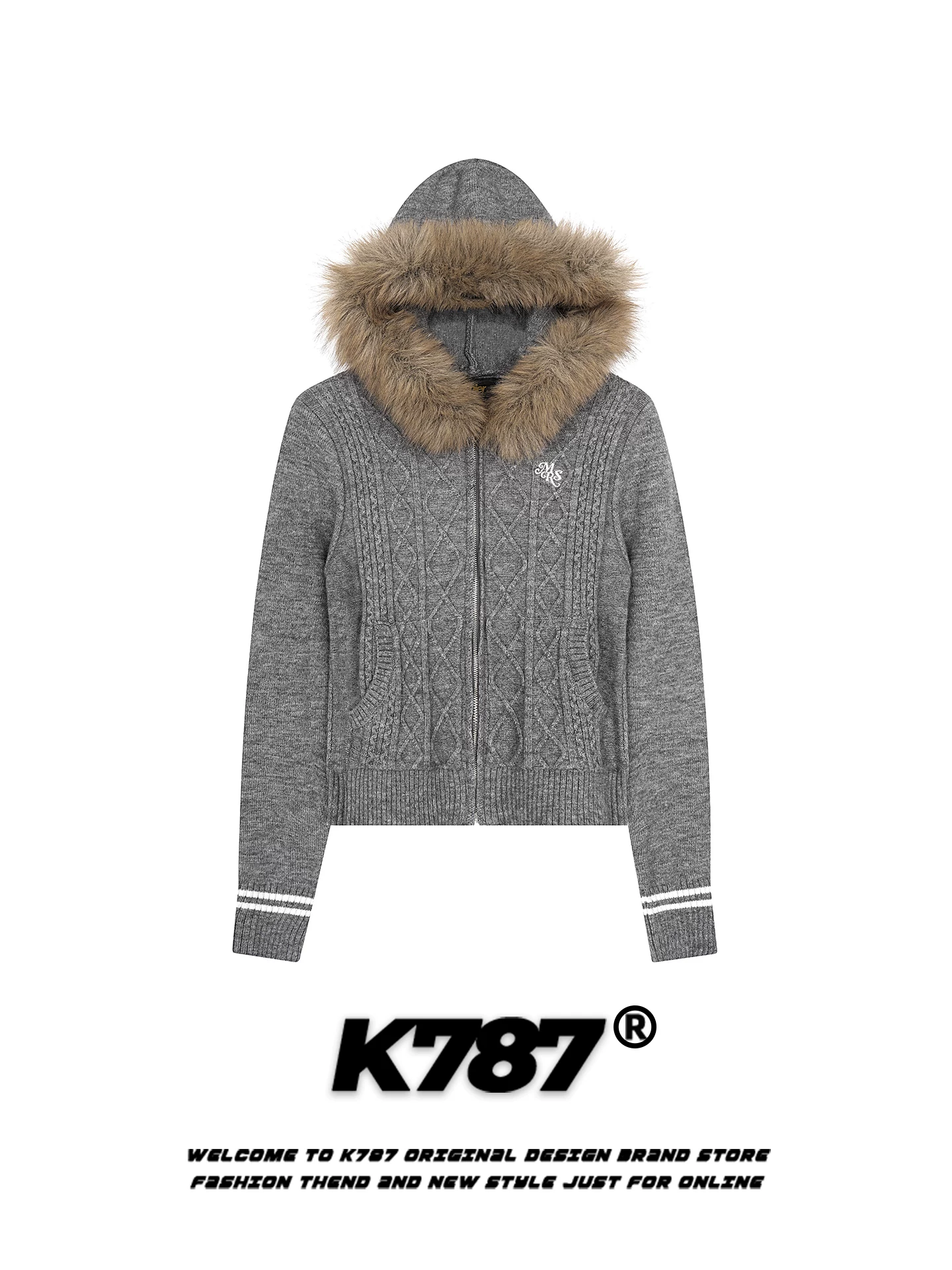 K787 Áo len có mũ trùm đầu có cổ lông lớn kiểu cổ điển của Mỹ dành cho nữ, dáng ôm vừa vặn, phong cách lười biếng, áo len có khóa kéo ấm áp