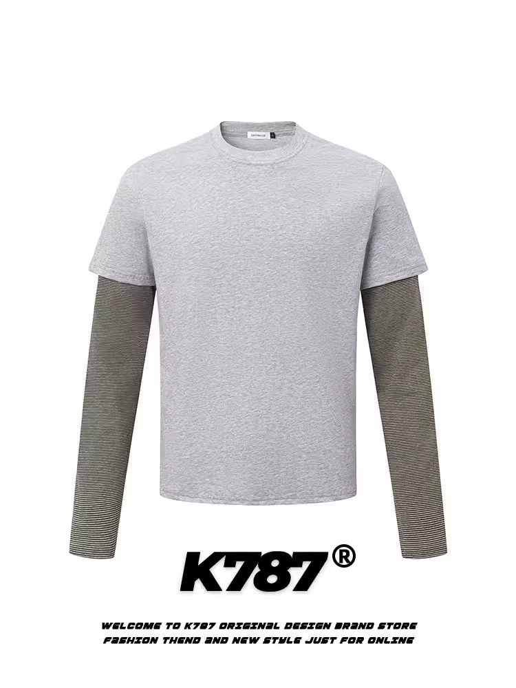 K787 Áo thun dài tay giả hai mảnh kiểu Mỹ cổ điển có họa tiết sọc dành cho nam và nữ với thiết kế vai thường, áo sơ mi cơ bản thông thường