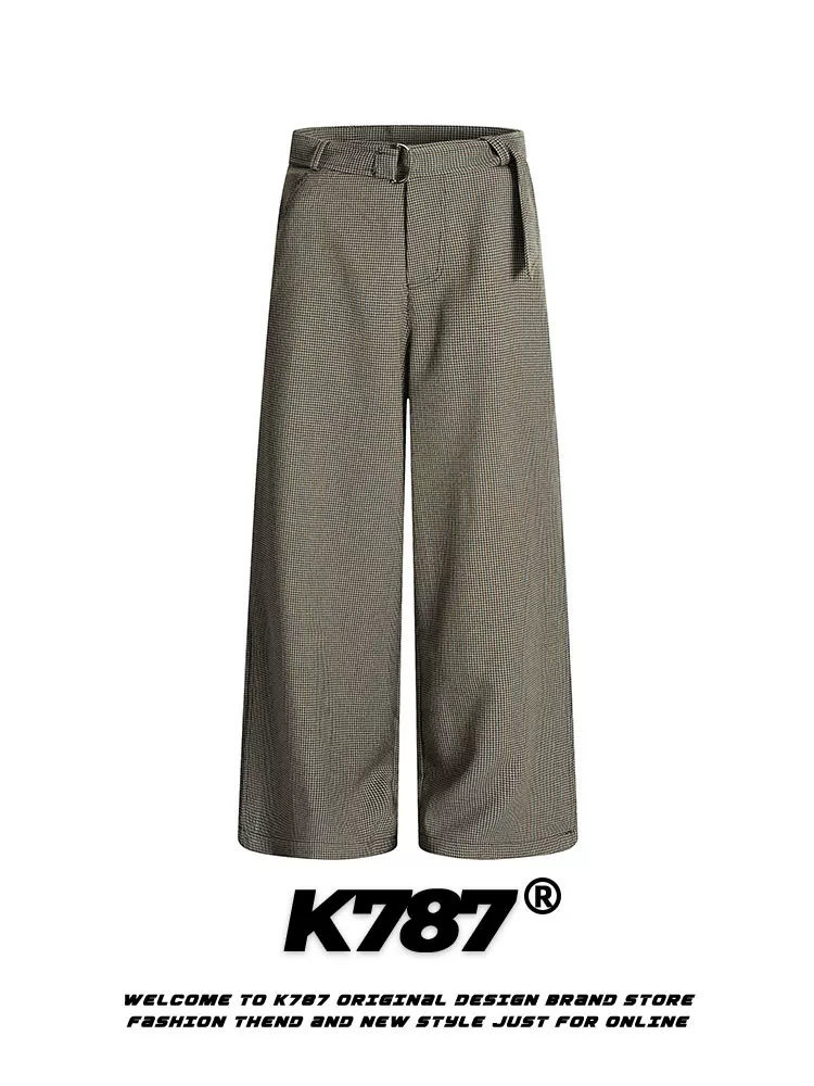 Quần âu unisex kiểu dáng xu hướng, cạp cao, rộng thùng thình, ống thẳng, họa tiết caro houndstooth phối vải, phong cách retro Mỹ, mã K787