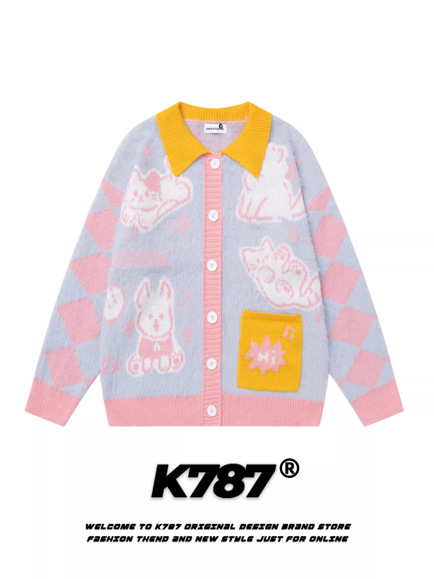 Áo cardigan dệt kim phong cách đường phố Mỹ K787 dành cho nam và nữ, thiết kế cổ điển, kiểu cặp đôi.