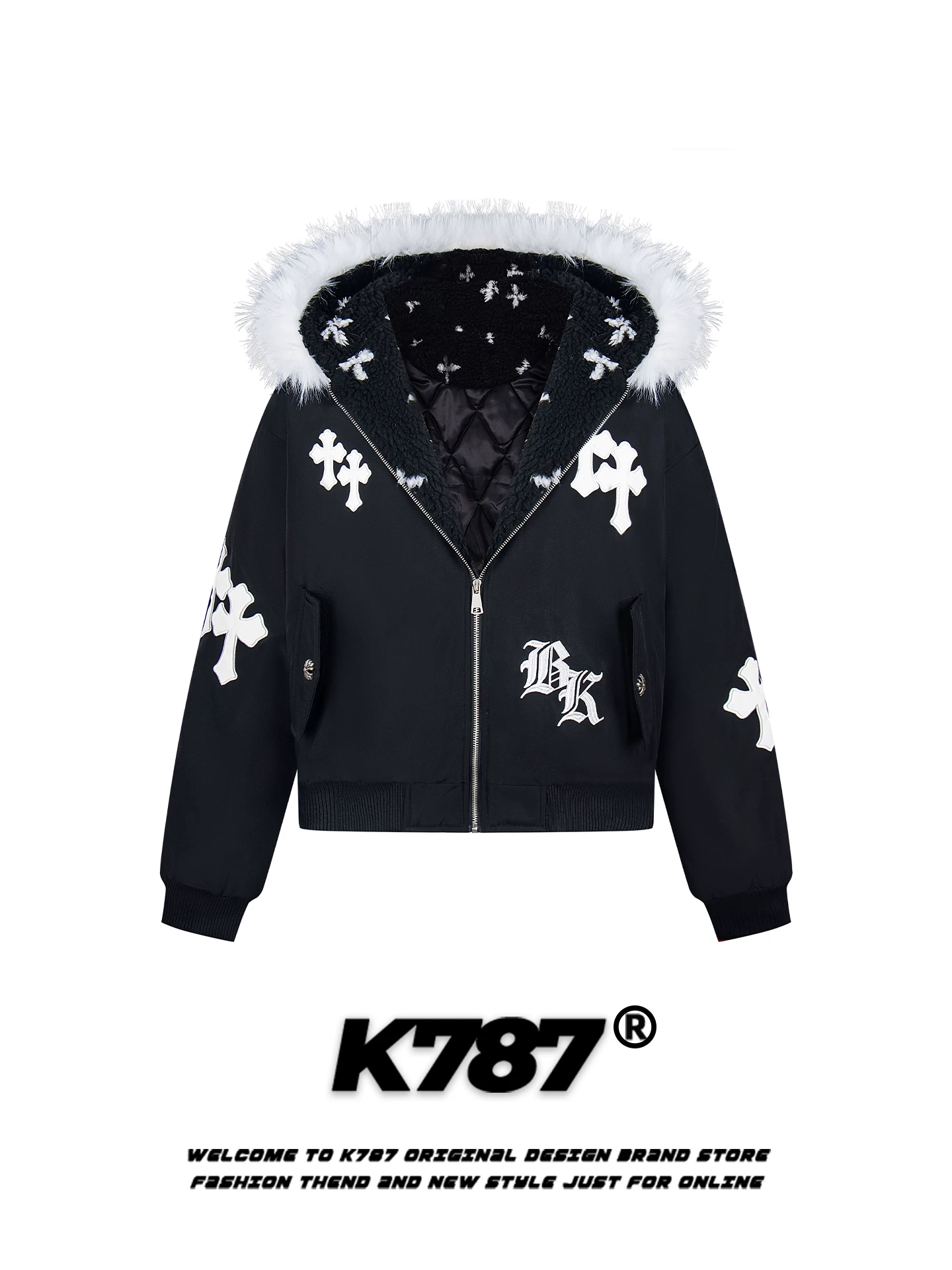Áo khoác cotton có mũ trùm đầu, cổ lông, thêu họa tiết theo phong cách retro Mỹ K787 dành cho nam và nữ, áo khoác cotton dày dặn và ấm áp dành cho cặp đôi.