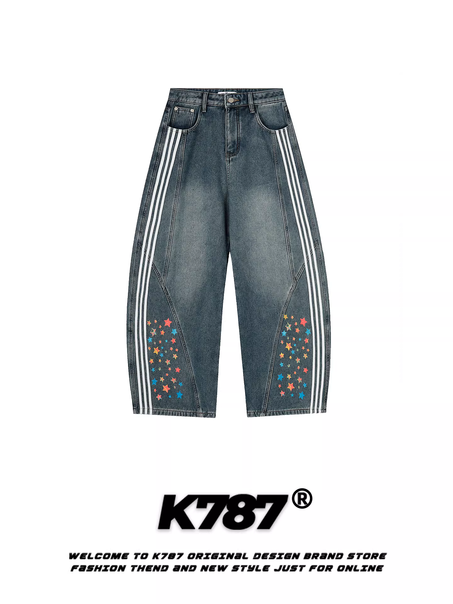 Quần jeans K787 kiểu Mỹ cổ điển, ba sọc, unisex, dáng rộng, thiết kế phá cách, thời thượng, cạp cao, ống rộng, kiểu quần scimitar