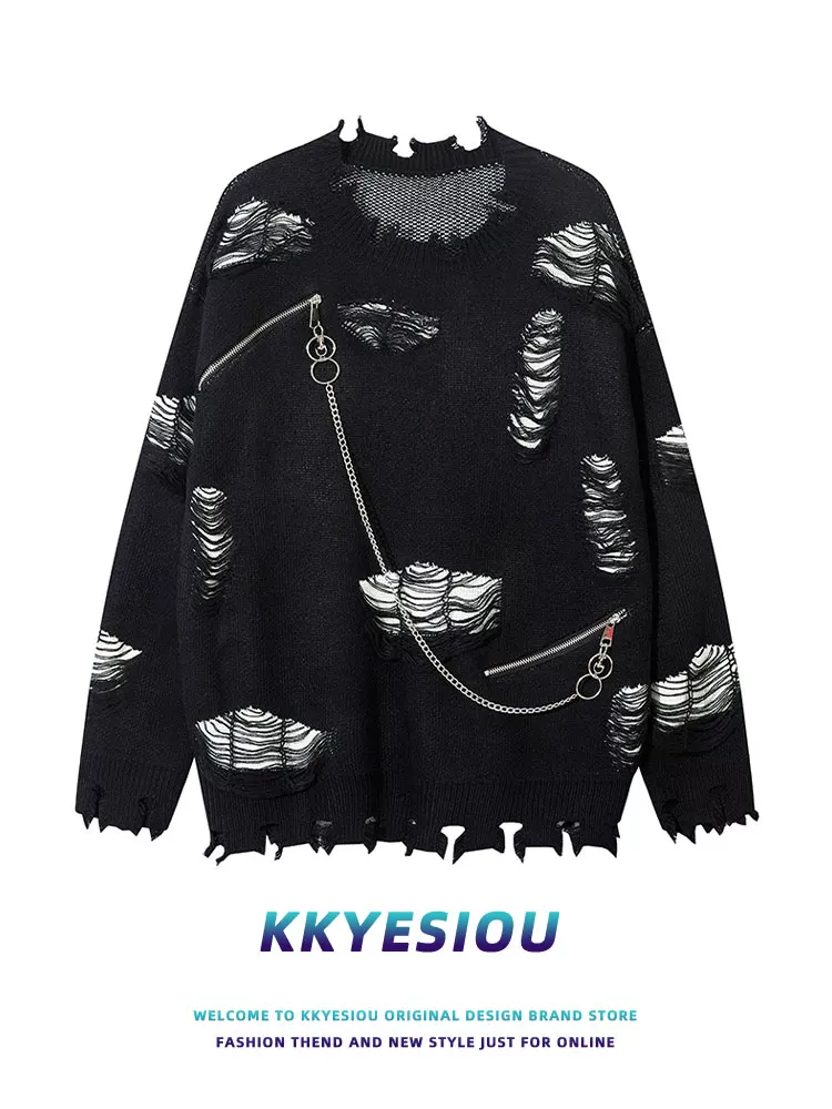 Áo len dệt kim phối mảng vá dây xích rách kiểu retro thời thượng của thương hiệu KKyesiou, unisex, dáng rộng, dành cho cặp đôi