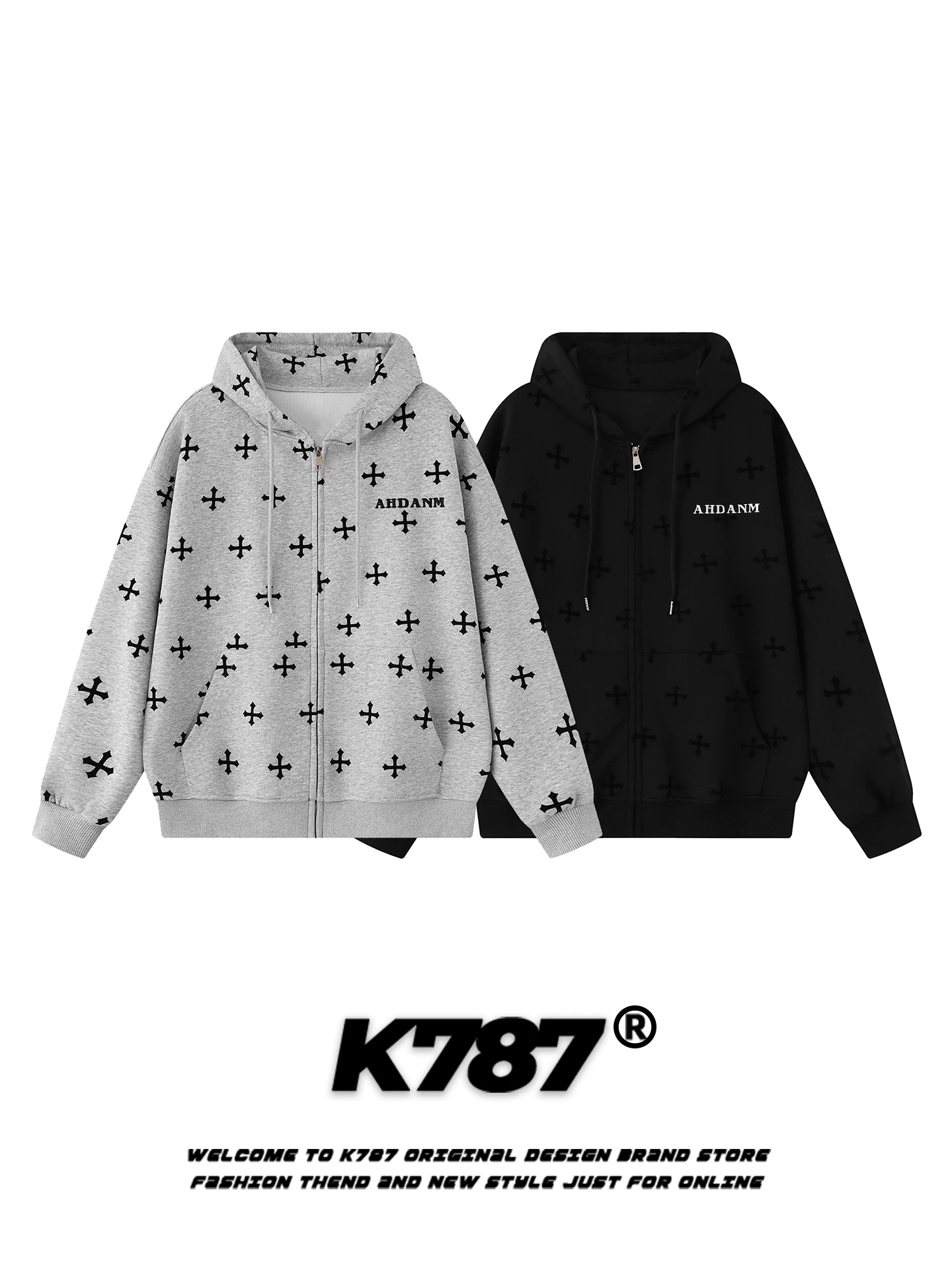 Áo hoodie in họa tiết toàn thân phong cách retro Mỹ K787 dành cho nam và nữ, kiểu dáng rộng rãi, phong cách gothic, thời trang, áo khoác cặp đôi thương hiệu.