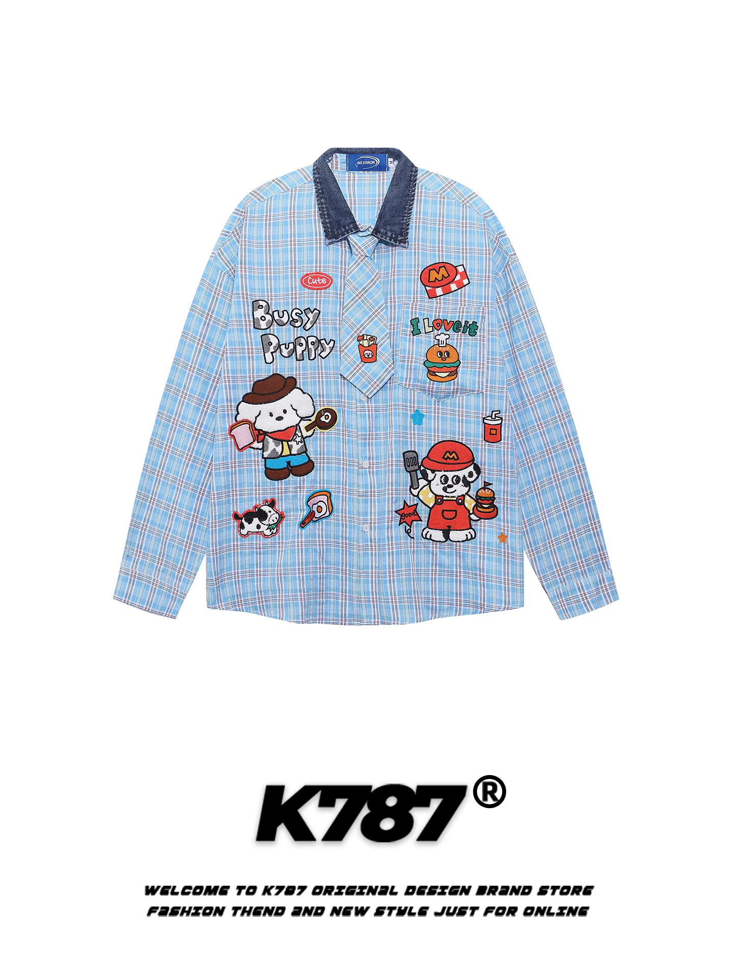 Áo sơ mi kẻ sọc thêu hoạt hình cổ điển Mỹ K787 dành cho nam và nữ, áo cặp màu sắc phối hợp, dáng rộng, phong cách thường ngày