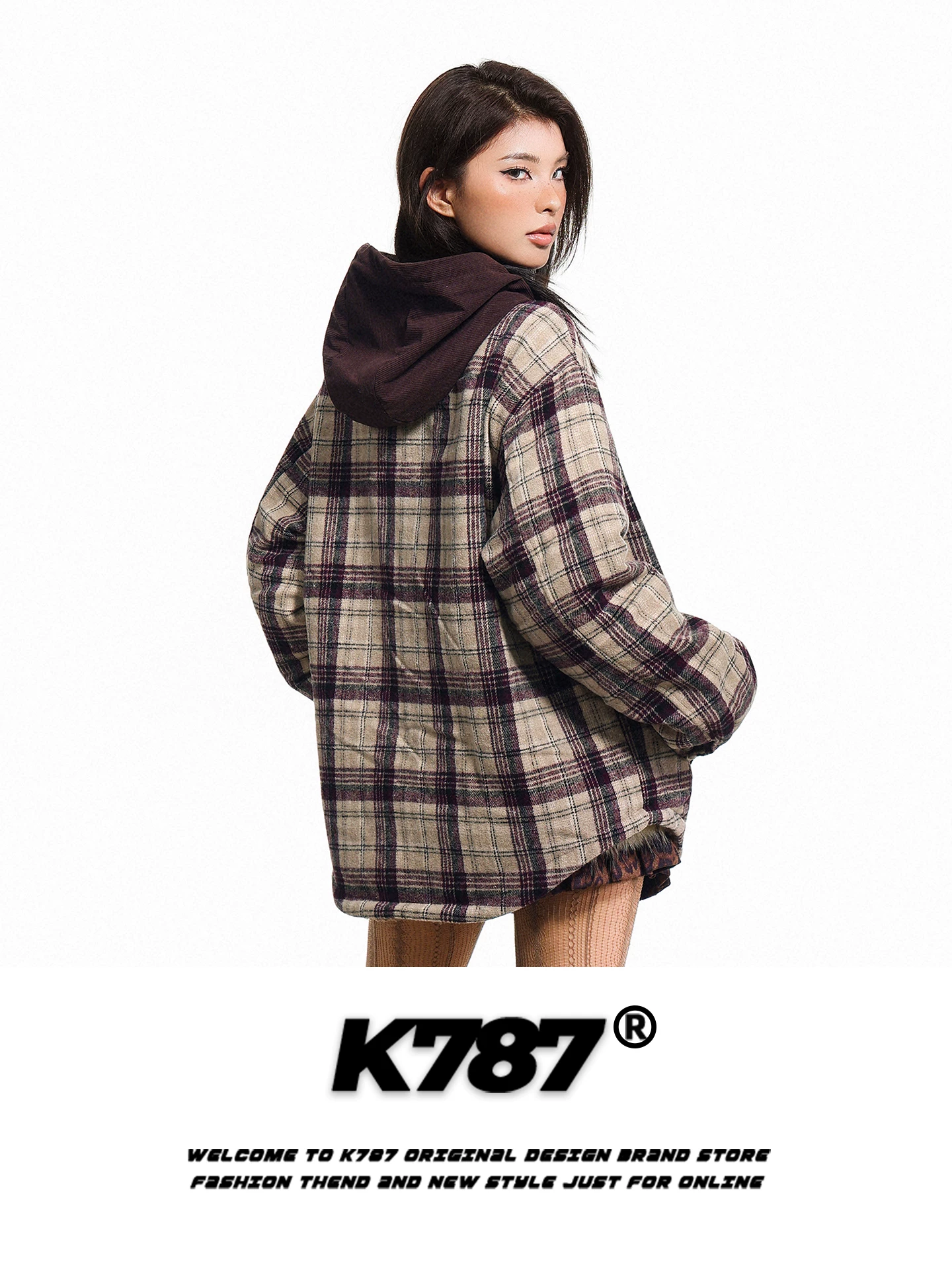 Áo khoác có mũ trùm đầu kiểu cổ điển Mỹ K787 dành cho nam và nữ, áo khoác cotton dày dặn ấm áp kiểu dáng rộng rãi phối màu