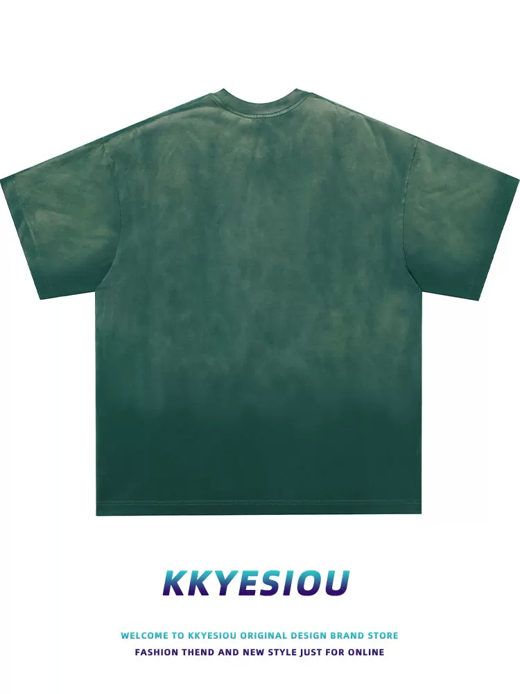 Áo thun tay ngắn kiểu dáng retro Mỹ, thương hiệu KKyesiou, thiết kế rách cá tính, size lớn, in chữ, màu xanh đã qua xử lý, dành cho nam và nữ, bộ đồ đôi.