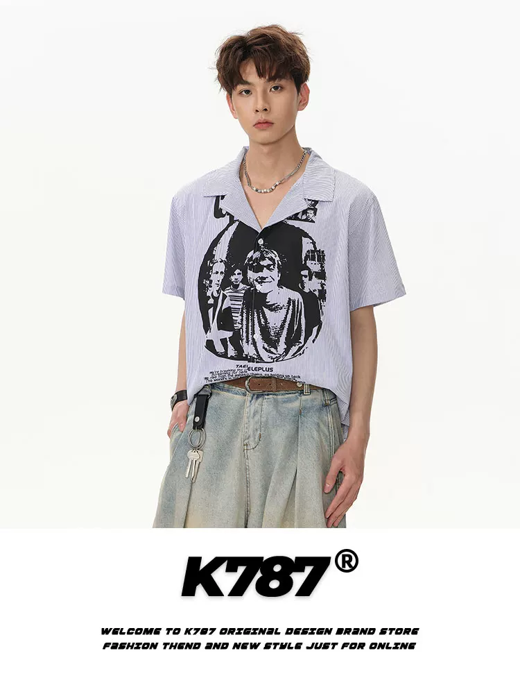 Áo sơ mi ngắn tay in hình chân dung cổ điển kiểu Mỹ K787 dành cho nam và nữ, áo cardigan phong cách cleanfit theo xu hướng quốc gia