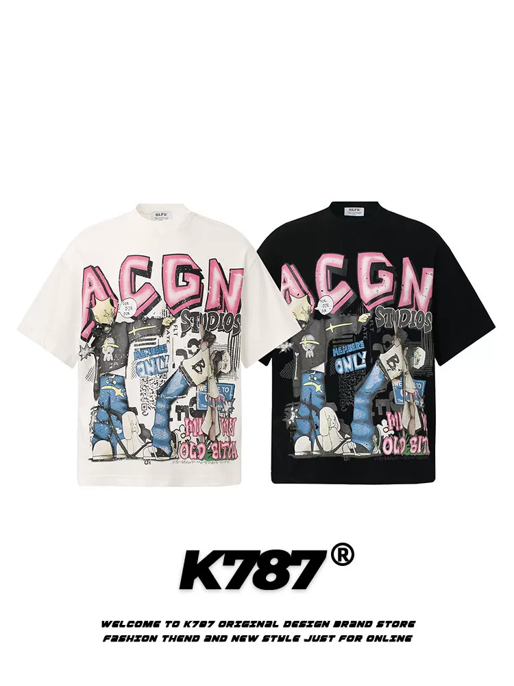 K787 Áo thun ngắn tay in hình hoạt hình hip-hop cổ điển của Mỹ dành cho nam và nữ áo đôi đa năng đường phố cỡ lớn