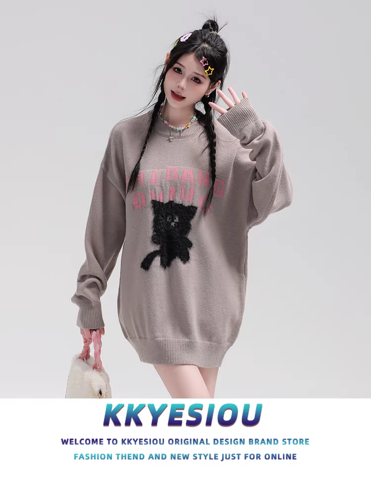 Áo len cặp đôi mèo dễ thương phong cách retro Mỹ, unisex, kiểu dáng học sinh, đa năng, rộng rãi.