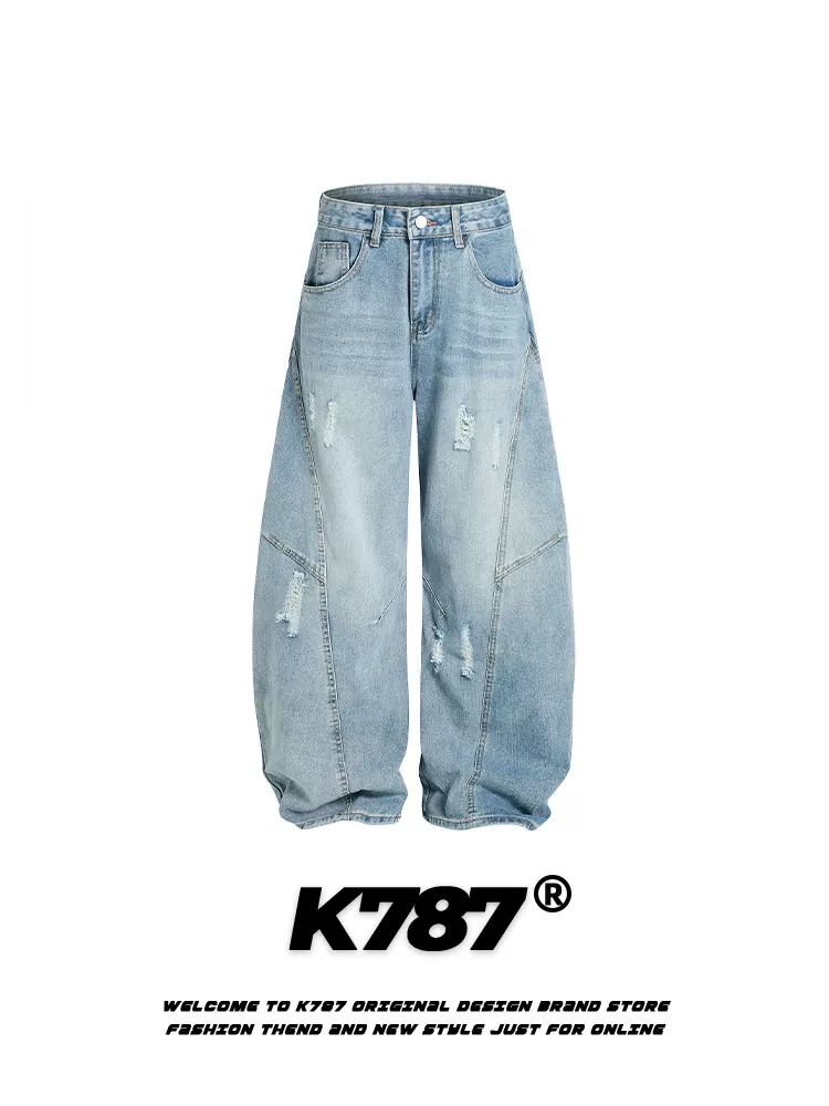 Quần jeans kiểu Mỹ cổ điển rách K787 dành cho nam và nữ, đã qua xử lý làm cũ và tạo hiệu ứng rách, dáng rộng thùng thình, ống rộng.