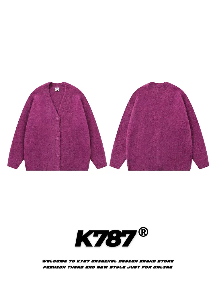 Áo cardigan dệt kim dày cổ chữ V màu tím K787 dành cho nam và nữ, áo len cặp màu trơn phong cách mùa đông thoải mái