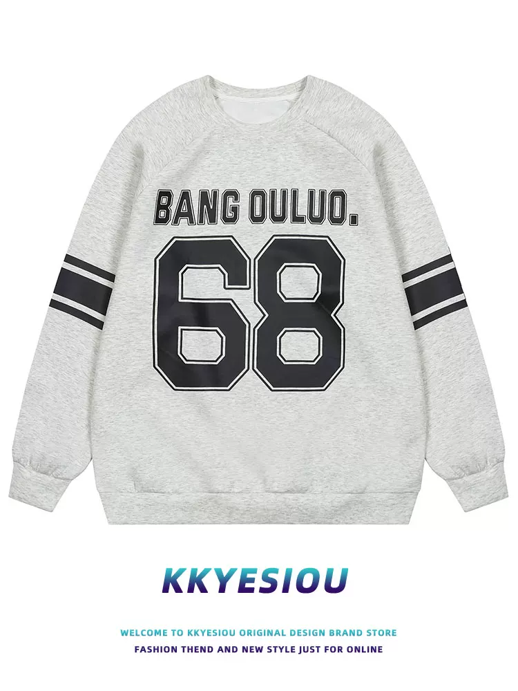 KKyesiou Mỹ retro hợp thời trang thương hiệu 68 chữ cái thể thao cặp đôi áo unisex áo thun dài tay quá khổ mùa thu