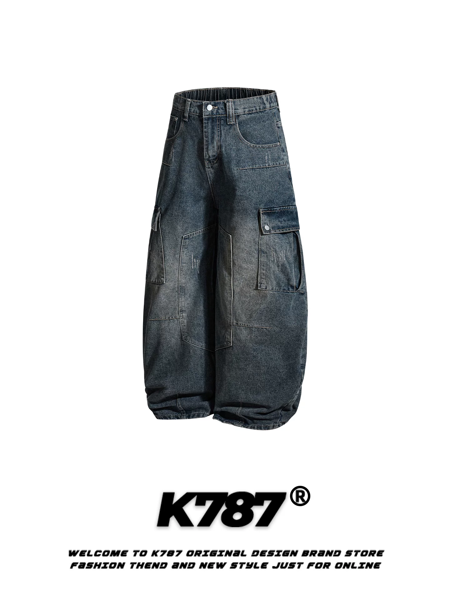 Quần jeans K787 kiểu Mỹ cổ điển, nhiều túi, thiết kế phá cách dành cho nam và nữ, dáng rộng, phong cách casual, rách, dài chấm đất, ống rộng kiểu kiếm.