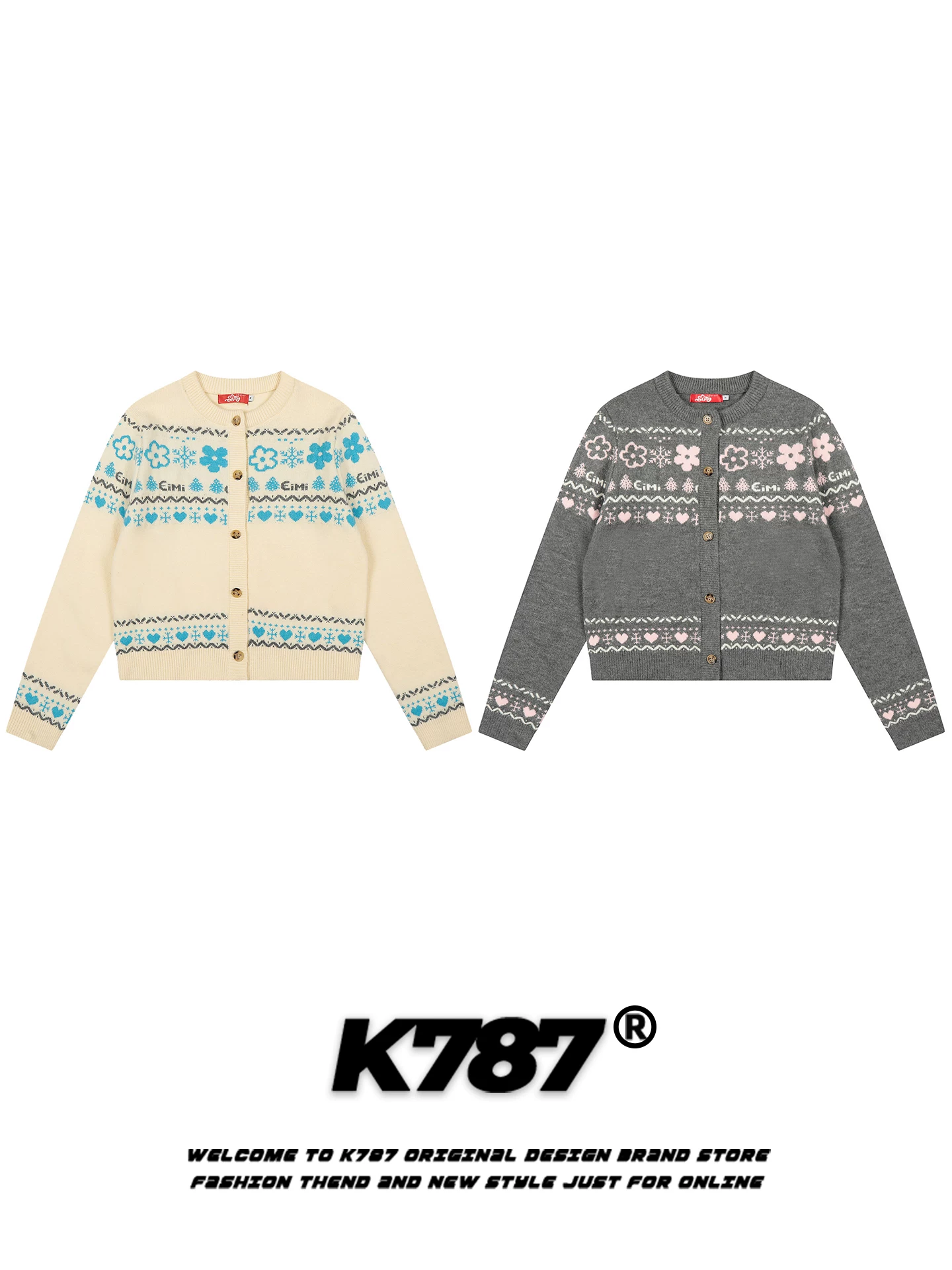 Áo cardigan dệt kim kiểu cổ điển ngọt ngào K787 Fair Isle dành cho nữ, phong cách giản dị kiểu Mỹ, áo khoác len ngắn ấm áp và trẻ trung.