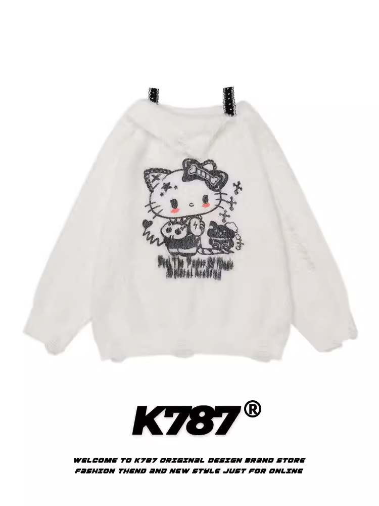 Áo len dệt kim dây đeo vai phong cách retro Mỹ K787 Hello Kitty dành cho nữ, áo khoác len phong cách ngọt ngào, dịu dàng, sành điệu, cá tính.