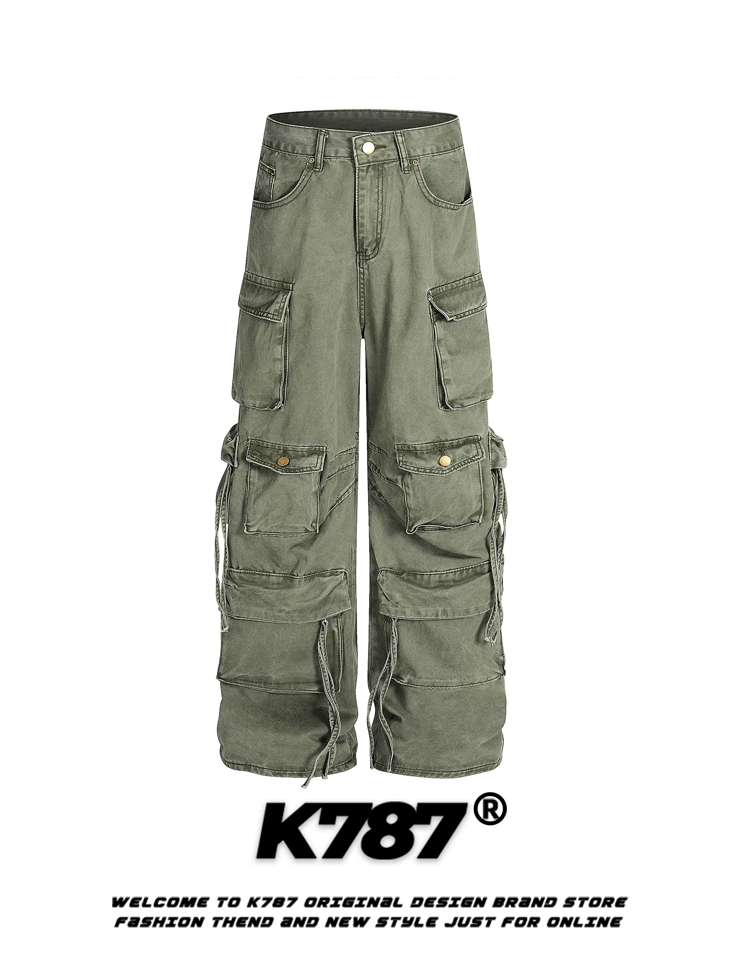 Quần cargo unisex K787 kiểu Mỹ cổ điển, chất liệu washed vintage, nhiều túi, cạp cao, dáng rộng, đa năng, ống thẳng, phong cách thường ngày