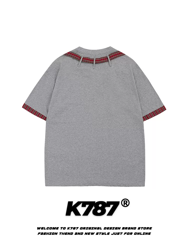 K787 Áo thun ngắn tay kiểu Mỹ cổ điển chắp vá vui nhộn dành cho nam và nữ, áo kiểu kẻ sọc phong cách đại học lười biếng dành cho cặp đôi