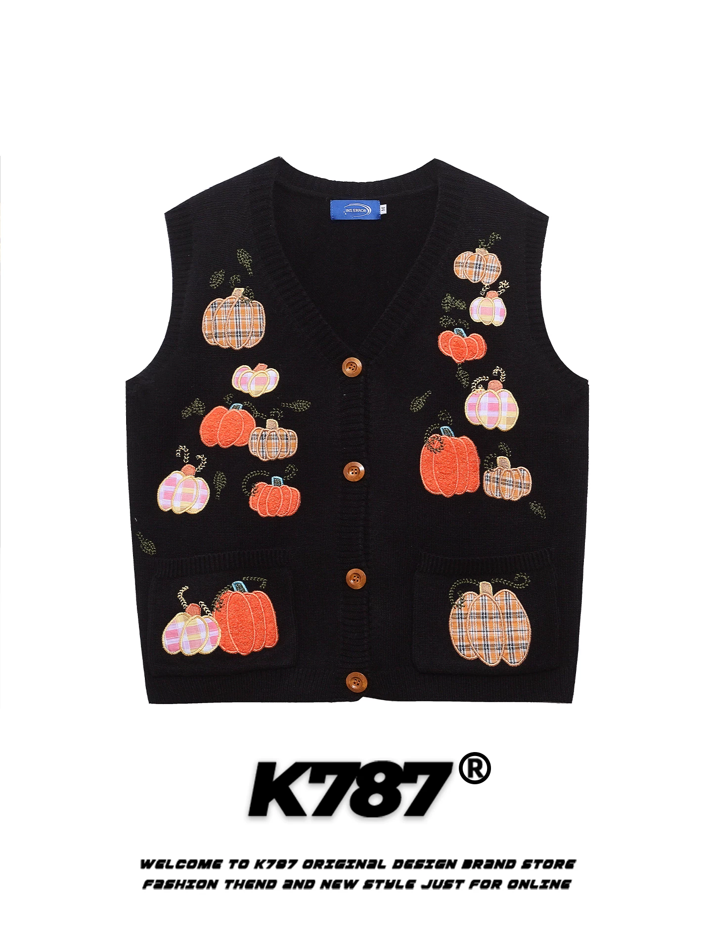 Áo cardigan thêu hình bí ngô cổ chữ V phong cách retro Mỹ K787 dành cho nam và nữ, áo khoác dệt kim nhiều lớp rộng rãi và ấm áp