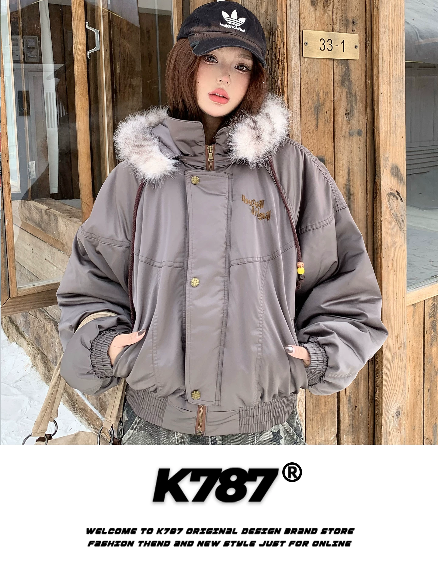 Áo khoác cotton có mũ trùm đầu, cổ lông, thêu chữ phong cách đường phố Mỹ K787 dành cho nam và nữ, kiểu dáng rộng rãi, chất liệu dày dặn, áo khoác đôi.