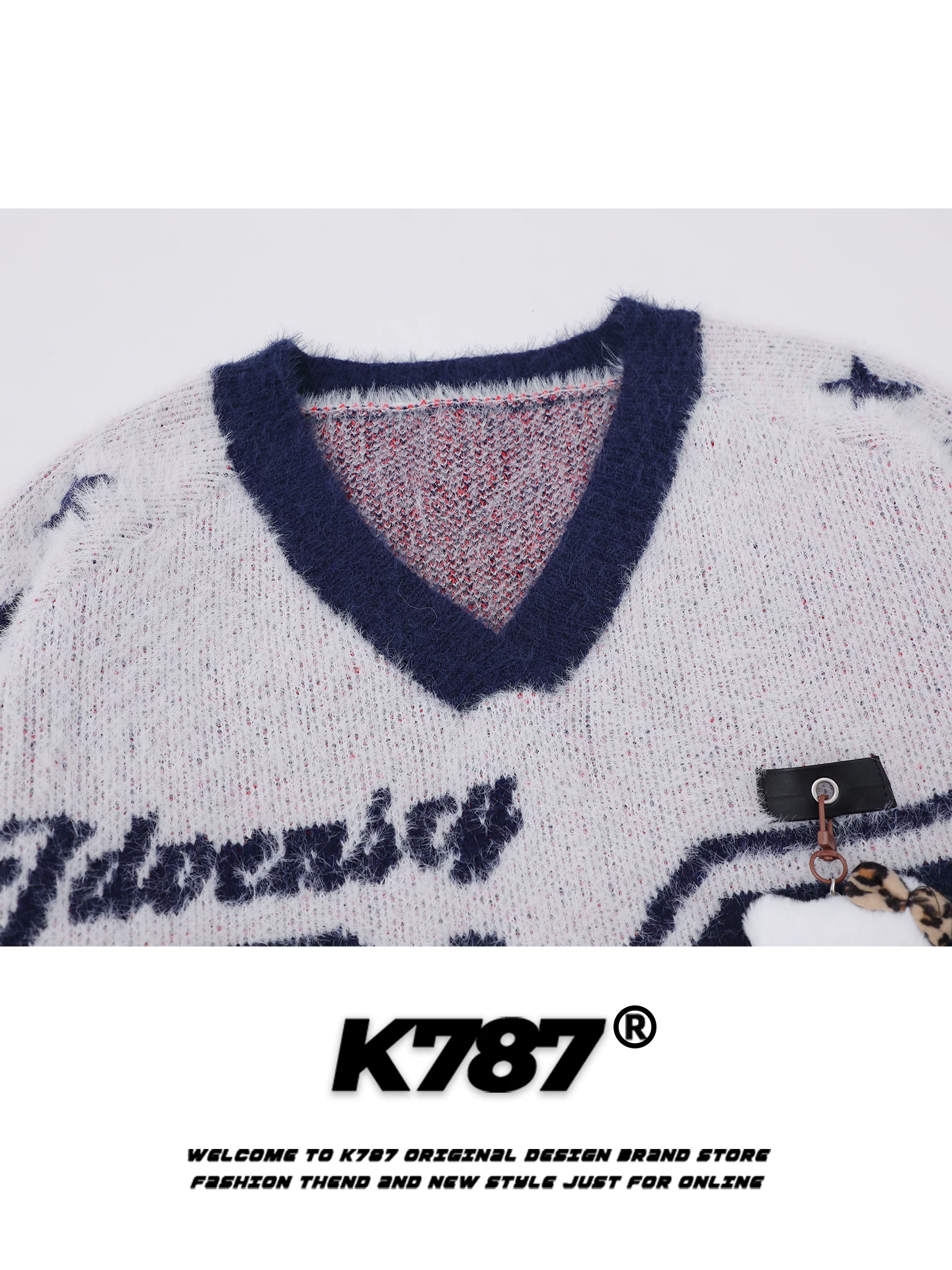 Áo len dệt kim mèo Kitty phong cách thể thao cổ điển Mỹ K787, unisex, cổ V, dáng rộng, áo khoác cặp đôi thời trang đường phố
