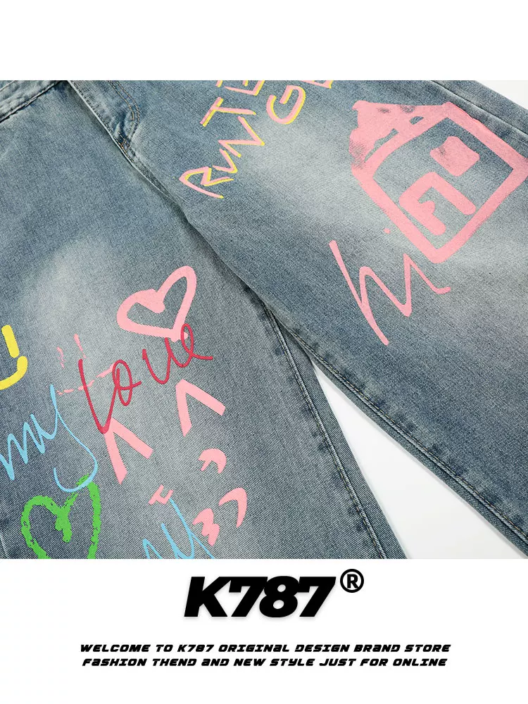 Quần jeans in chữ graffiti phong cách đường phố Mỹ K787 dành cho nam và nữ, cạp cao, đã qua xử lý làm mềm, dáng rộng ống thẳng