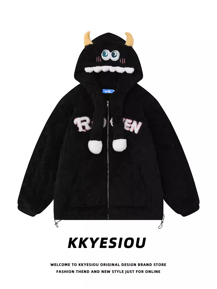 Áo khoác cặp đôi len cừu kiểu Mỹ cổ điển KKyesiou, unisex, dáng rộng, phong cách đại học, chất liệu cotton