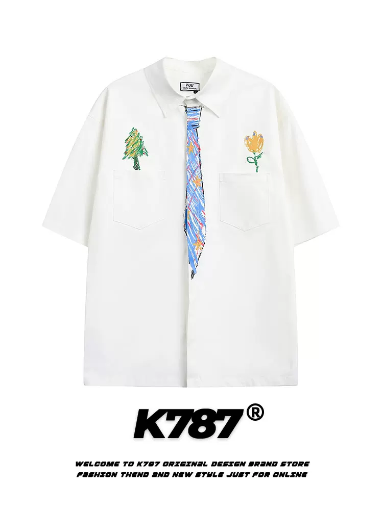 Áo sơ mi ngắn tay họa tiết graffiti retro Mỹ K787 dành cho nam và nữ, kiểu vintage mùa hè 2025, kiểu cardigan nửa tay