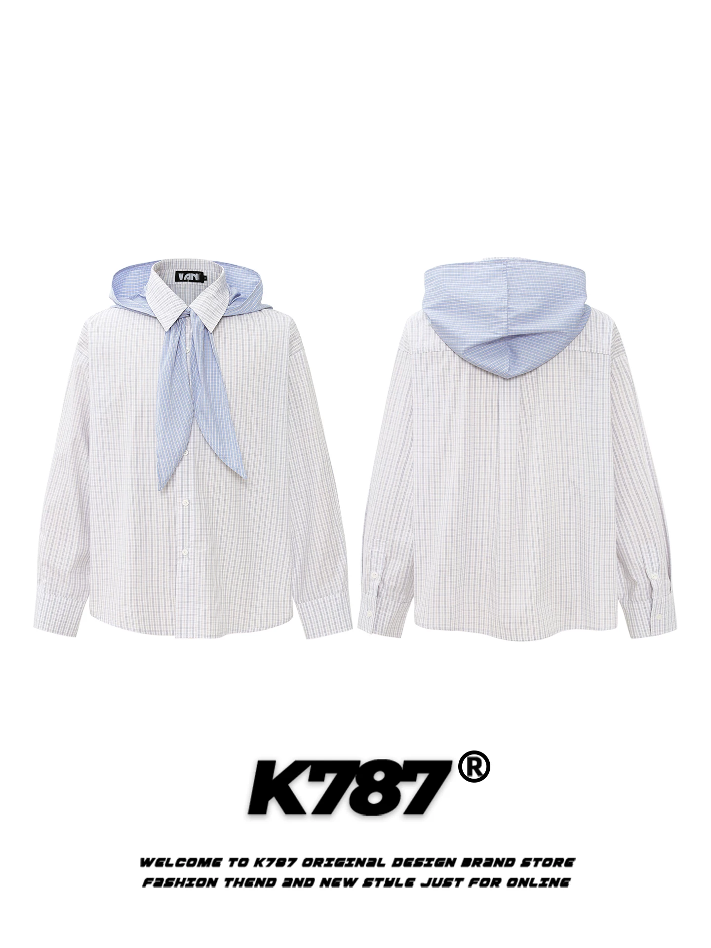 Áo sơ mi kẻ caro phong cách Mỹ K787, phối màu, có mũ trùm đầu tháo rời, unisex, kiểu dáng học sinh, rộng rãi, dành cho cặp đôi, tay dài