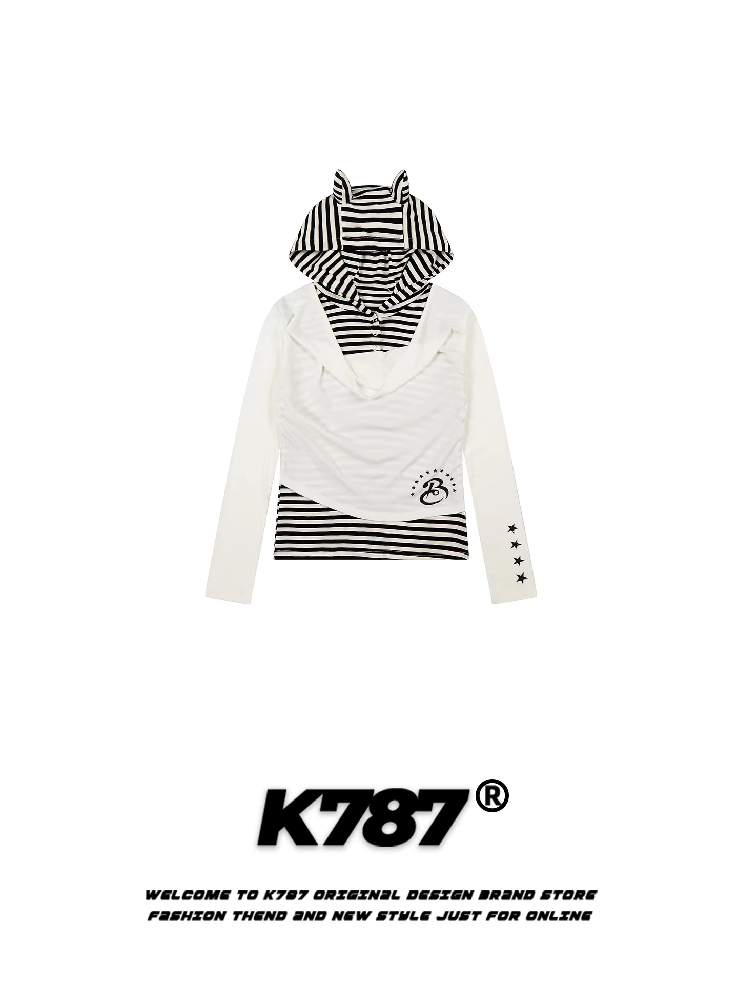 Áo thun nữ kiểu Mỹ K787, họa tiết mèo tai mèo, phối màu sọc, kiểu dáng áo hai lớp giả, ôm body, thiết kế trẻ trung, tôn dáng, kiểu y2k, áo ngắn.